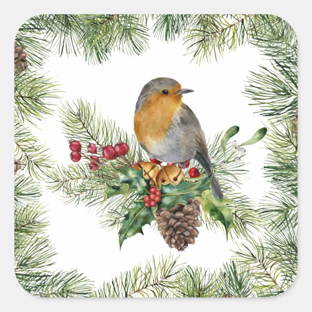 Pegatina Cuadrada Robin, holly, Navidades de pino (Anverso)