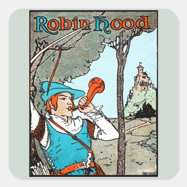 Pegatina Cuadrada Robin Hood Antiguo Ilustracion Merry Men (Anverso)