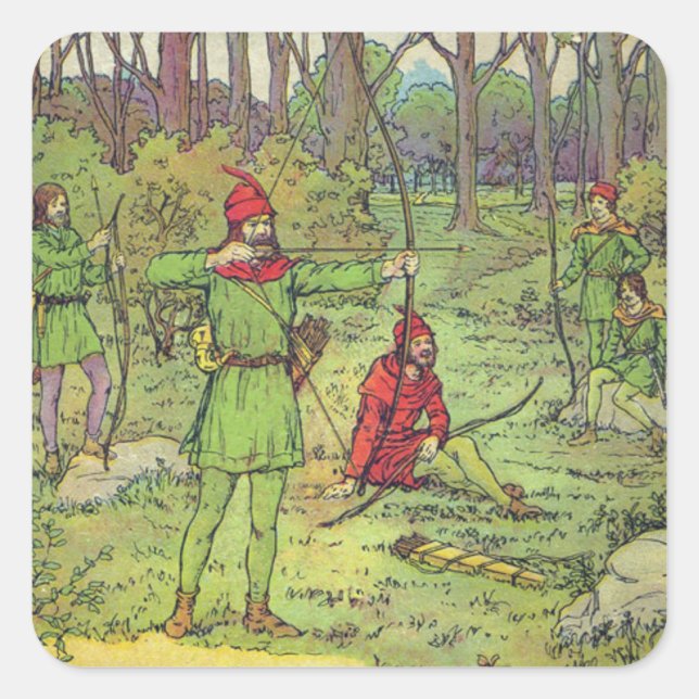 Pegatina Cuadrada Robin Hood en el bosque (Anverso)