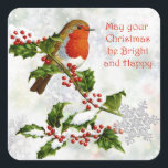 Pegatina Cuadrada Robin vintage, holly, Navidades de copos de nieve<br><div class="desc">Robo de época sentado en una rama de la sagrada navidad. Puede eliminar imágenes -texto (que sus Navidades sean Brillantes y Felices) y agregar su propio mensaje.</div>