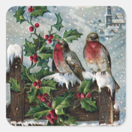 Pegatina Cuadrada Robins ingleses en una valla de Navidades antiguos