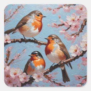 Pegatina Cuadrada Robins y flores de cerezo