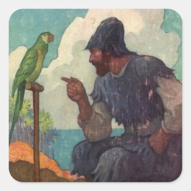 Pegatina Cuadrada Robinson Crusoe y Parrot Poll (Anverso)