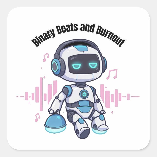 Pegatina Cuadrada Robot Binary Beats and Burnout (Anverso)