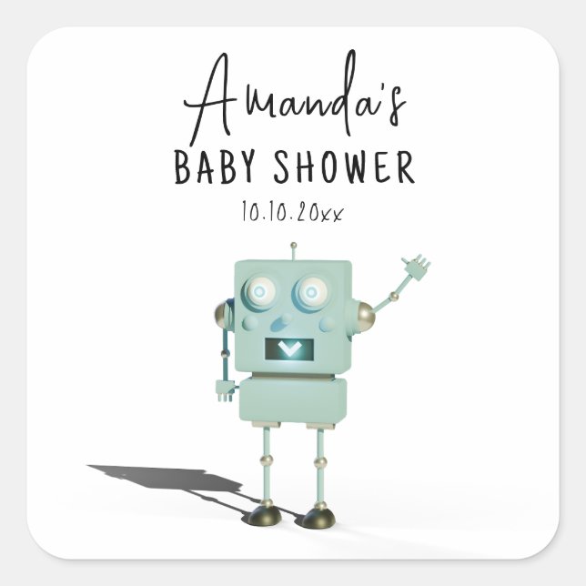 Pegatina Cuadrada Robot boy Baby Shower (Anverso)