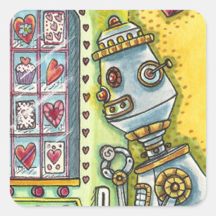 PEGATINA CUADRADA ROBOT BUSCANDO AMOR, CORAZÓN DE MÁQUINA EXPENSATOR