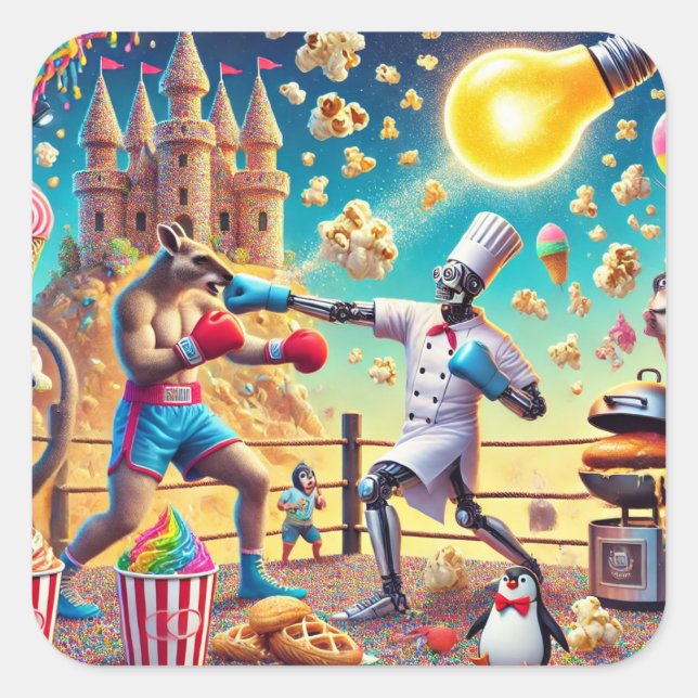 Pegatina Cuadrada Robot Chef vs Kangaroo Boxer Showdown (Anverso)