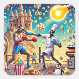 Pegatina Cuadrada Robot Chef vs Kangaroo Boxer Showdown