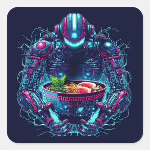 Pegatina Cuadrada Robot Cyberpunk Futurista Comida Ramen Neon