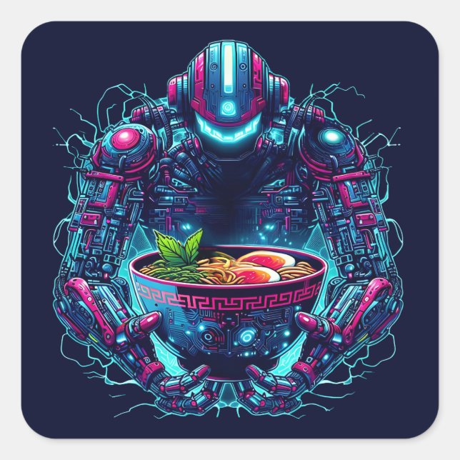 Pegatina Cuadrada Robot Cyberpunk Futurista Comida Ramen Neon (Anverso)