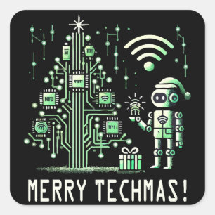 Pegatina Cuadrada Robot de IA con árbol de Navidad tecnológico - Tec