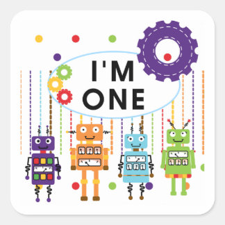 Pegatina Cuadrada Robot First Birthday Tshirts y regalos