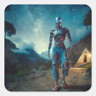 Pegatina Cuadrada Robot Futurista en Paisaje Antiguo