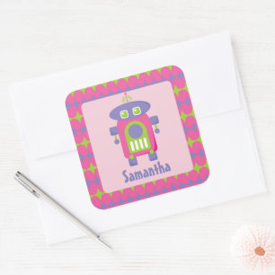 Pegatina Cuadrada Robot retro personalizado rosa, morado y verde