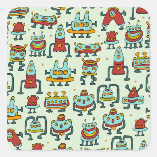 Pegatina Cuadrada Robots Aliens Ilustracion de patrones de vintage