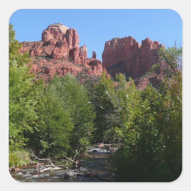 Pegatina Cuadrada Roca y Corriente Catedral de Sedona Arizona (Anverso)
