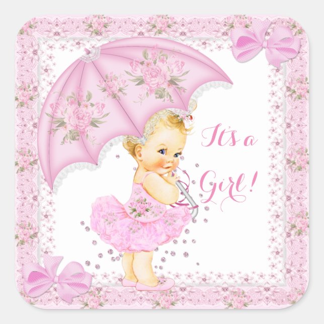 Pegatina Cuadrada Rociar Baby Shower Chica Floral Sonda rosa (Anverso)