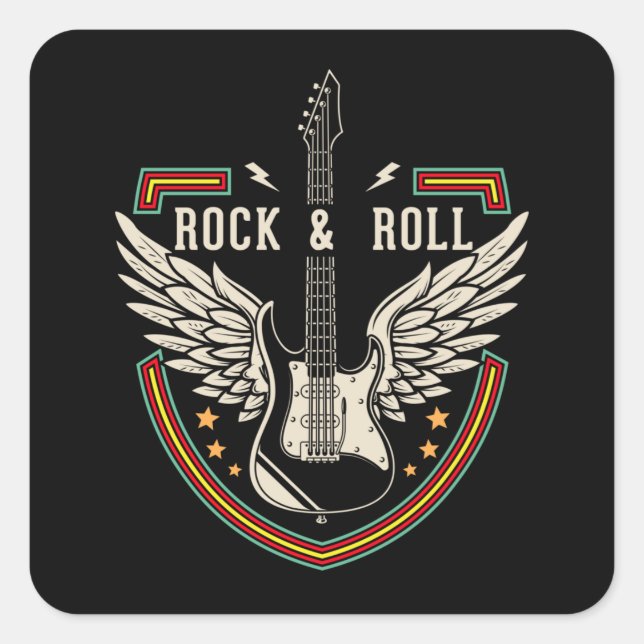 Pegatina Cuadrada Rock and Roll Music Lover Guitar Wings (Anverso)