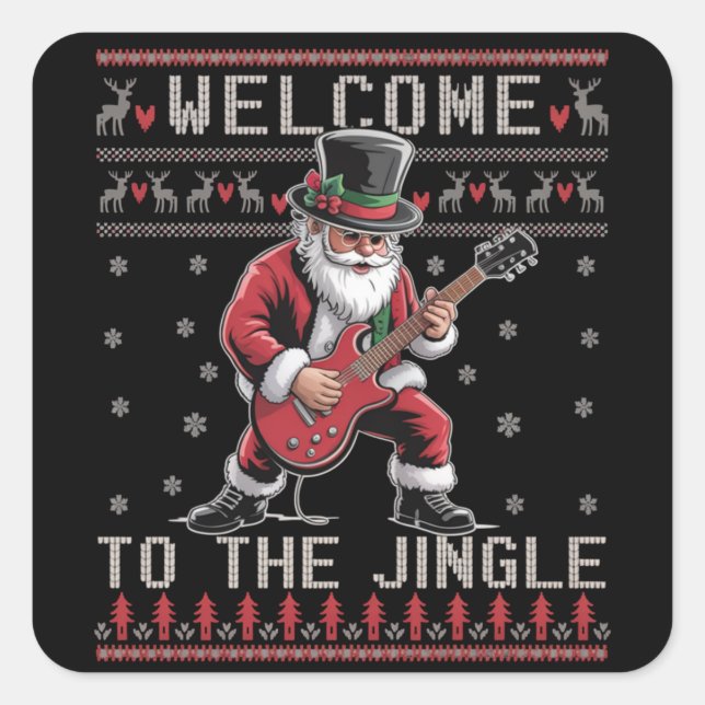 Pegatina Cuadrada Rock n Roll Christmas Rocker Santa Ugly Christmas  (Anverso)