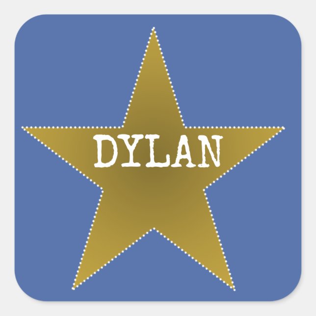 Pegatina Cuadrada Rock Star Birday Party Name Stickers Blue Gold (Anverso)