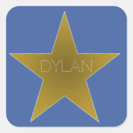 Pegatina Cuadrada Rock Star Birday Party Name Stickers Blue Gold