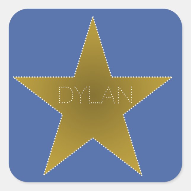 Pegatina Cuadrada Rock Star Birday Party Name Stickers Blue Gold (Anverso)