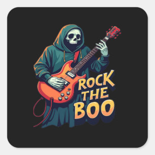 Pegatina Cuadrada Rock the Boo - Halloween Skeleton Guitar Design