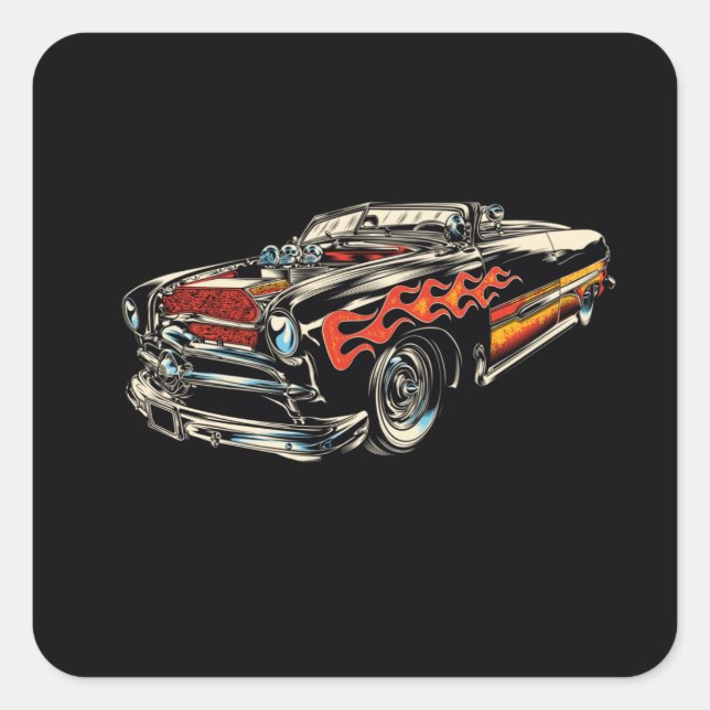 Pegatina Cuadrada Rockabilly - Hotrod Car Flames - neg (Anverso)