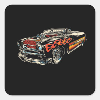 Pegatina Cuadrada Rockabilly - Hotrod Car Flames - neg