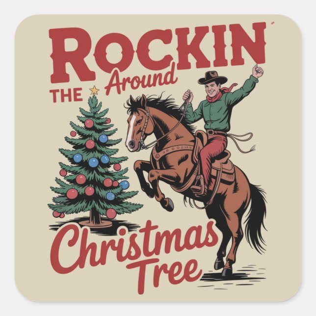 Pegatina Cuadrada Rockin Around The Christmas Tree Country Cowboy (Anverso)