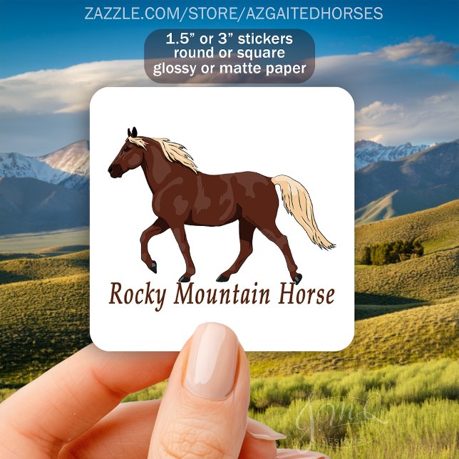 Pegatina Cuadrada Rocky Mountain Horse Silhouette Chestnut (Sticker featuring a chestnut Rocky Mountain Horse with flaxen mane and tail and text reading “Rocky )