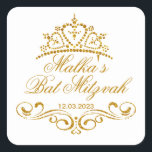 Pegatina Cuadrada Rodajes de oro, logotipo de Tiara Bat Mitzvah<br><div class="desc">Torbellinos dorados y Tiara en forma de corazón,  Pegatina Bat Mitzvah. Puedes usarlo para diferentes ocasiones.</div>