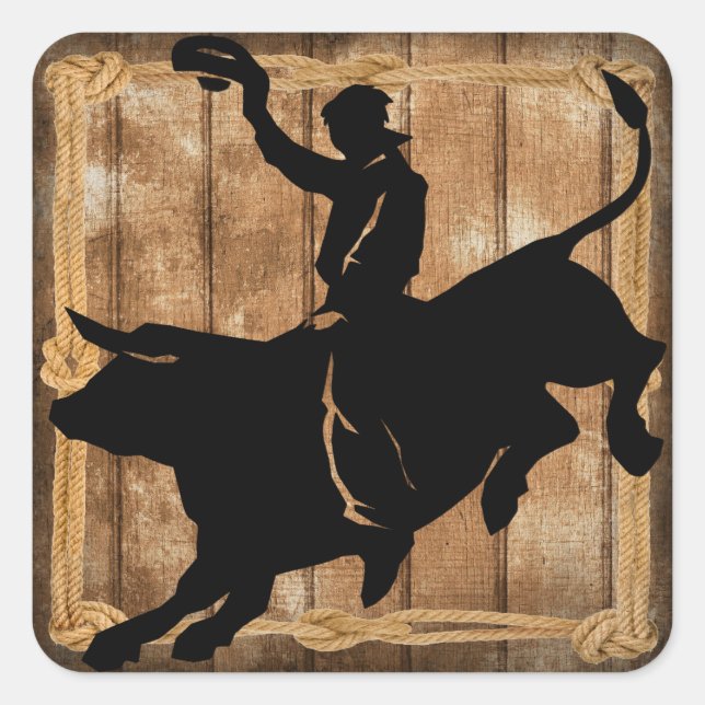 Pegatina Cuadrada Rodeo Bull Riding Silhouette (Anverso)