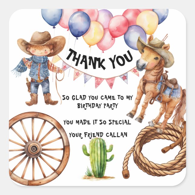 Pegatina Cuadrada Rodeo Cowboy Thank you Party Stickers (Anverso)