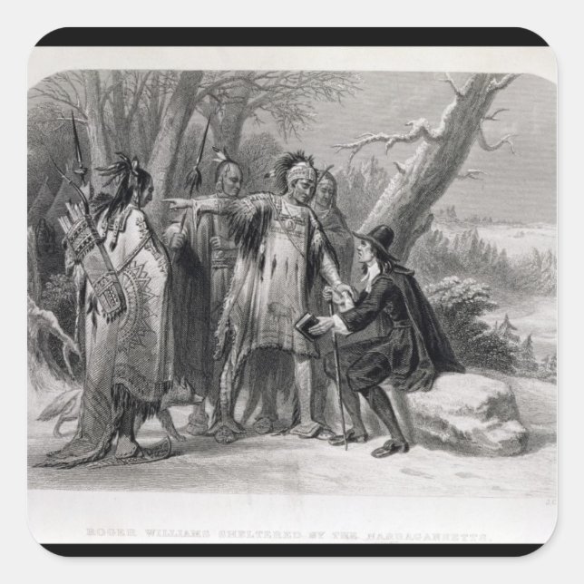 Pegatina Cuadrada Roger Williams resguardado por los Narragansetts (Anverso)