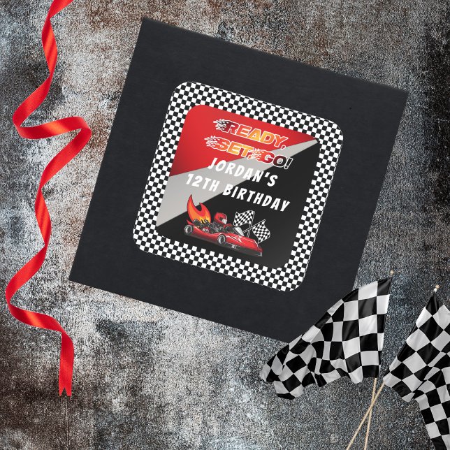 Pegatina Cuadrada Roja | Cumpleaños de la Carreras Black Go Kart (Red and Black Go Kart Racing Kid's Birthday Party "Ready, Set, Go!" Sticker)