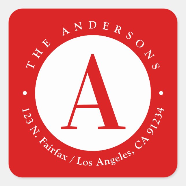 Pegatina Cuadrada Roja | Dirección de devolución de monograma circul (Anverso)