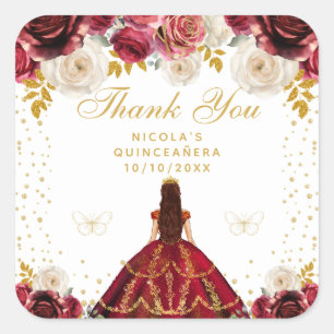 Pegatina Cuadrada Roja Princesa Floral Quinceañera