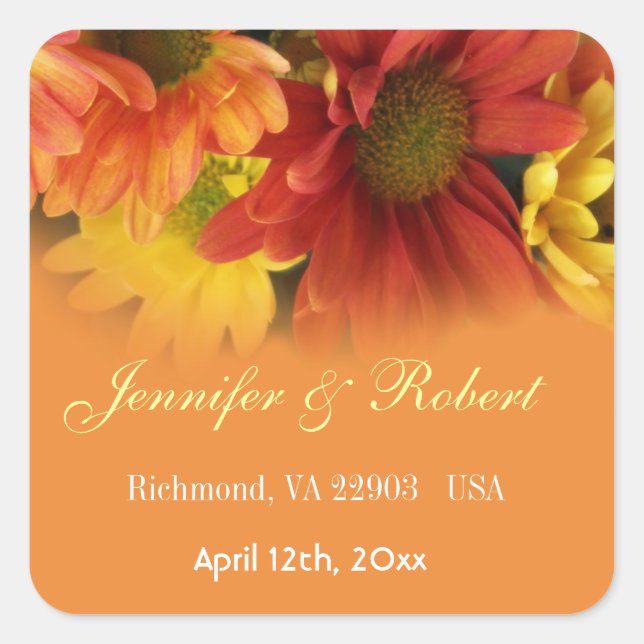 Pegatina Cuadrada Rojo, amarillo, naranja daisy flor favor de la bod (Anverso)