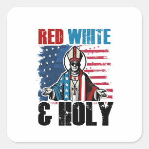 Pegatina Cuadrada Rojo Blanco y Santo Papa León XIV, 4 de julio 