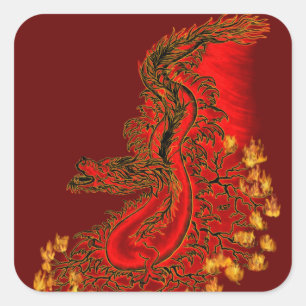 Pegatina Cuadrada Rojo del dragón de China y diseño del oro