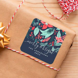 Pegatina Cuadrada Rojo Floral Botánico Azul de Navidad