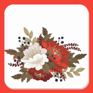 Pegatina Cuadrada Rojo floral de invierno y blanco