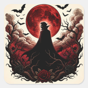 Pegatina Cuadrada Rojo oscuro vampiro luna gótica Halloween