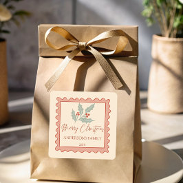 Pegatina Cuadrada Rojo retro estampado marco alegre Navidad