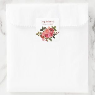 Pegatina Cuadrada Rojo Rosa Floral Rosa Graduación