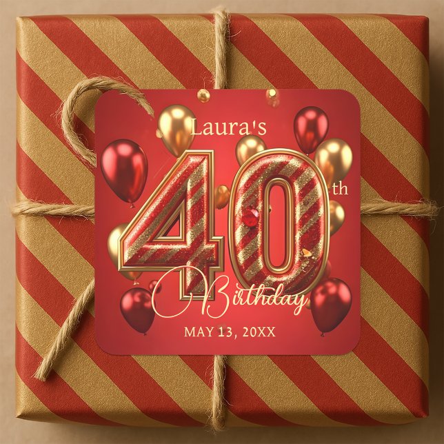Pegatina Cuadrada Rojo rubí deslumbrante y globos de oro 40 cumpleañ (Subido por el creador)