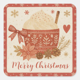 Pegatina Cuadrada Rojo Rústico Acogedor Escandinavo Feliz Navidad