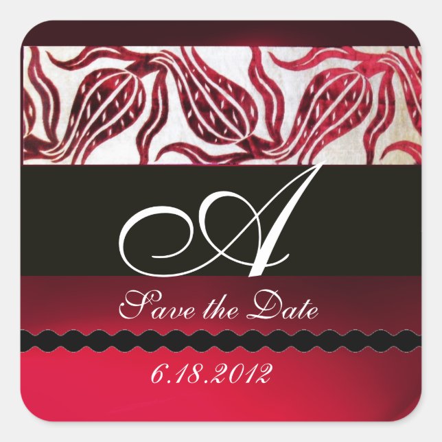 Pegatina Cuadrada ROJO VELVET DAMASK TULIPS MONOGRAM Borgoña Blanco (Anverso)