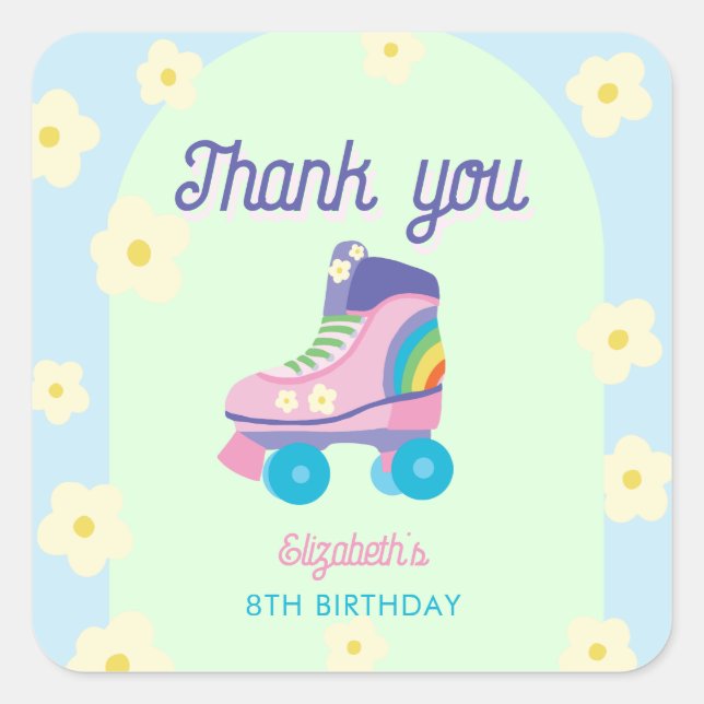 Pegatina Cuadrada Roller Skate Birthday Thank You Retro Rainbow Kids (Anverso)